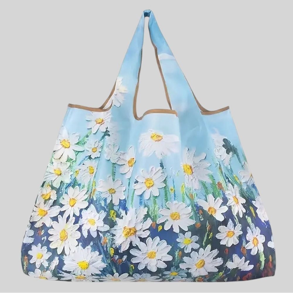 Blue Daisy Foldable Reusable Shopping Tote Bag Large Nylon Grocery Beach Bag